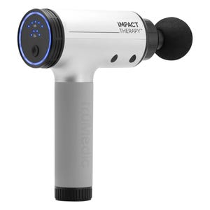 A handheld massage gun with a black spherical attachment, featuring a silver body, blue LED indicators, and labeled \“truMedic IMPACT Therapy.\“