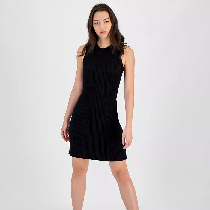 A sleeveless black ribbed dress with a high neckline and a short, straight hemline.