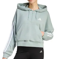 A light green Adidas hoodie with a hood, drawstrings, and white stripes down the sleeves. It features a kangaroo pocket and a small Adidas logo on the chest, paired with black leggings displaying the same logo.