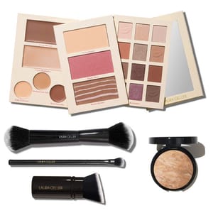 Laura Geller Full Face Kit includes face palettes with contour, blush, and eyeshadows, a setting powder, and three makeup brushes designed for application.