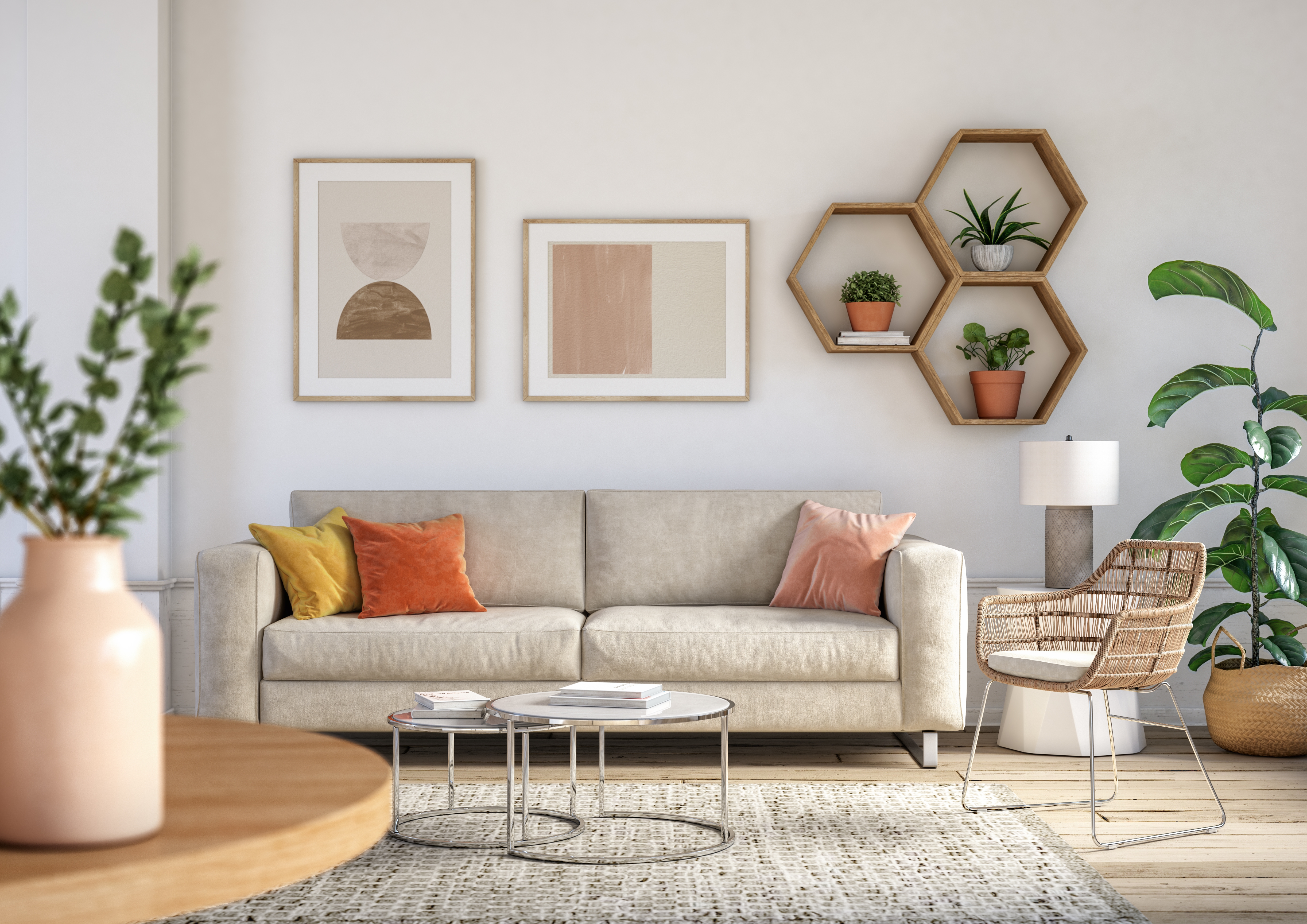 A modern living room featuring a beige sofa with colorful pillows, a round coffee table, a woven chair, wall art, and hexagonal shelves with plants.