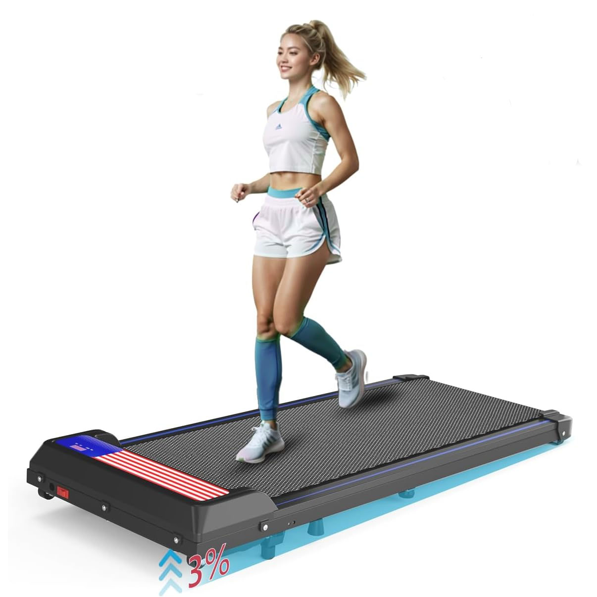 A woman in athletic wear is shown jogging on a compact, low-profile treadmill with a 3% incline feature. The treadmill has a digital display and is suitable for home fitness.
