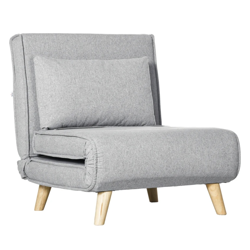 A gray upholstered chair with a wooden frame and legs, featuring a rectangular back cushion and a thick seat cushion.