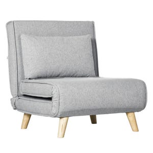 A gray upholstered chair with a wooden frame and legs, featuring a rectangular back cushion and a thick seat cushion.