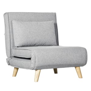 A gray upholstered chair with a wooden frame and legs, featuring a rectangular back cushion and a thick seat cushion.