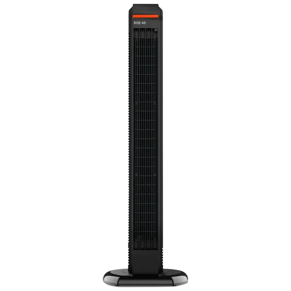 A tall, slim black oscillating tower fan with a stable base and a visible control panel at the top.