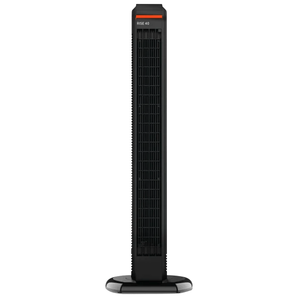 A tall, slim black oscillating tower fan with a stable base and a visible control panel at the top.