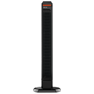 A tall, slim black oscillating tower fan with a stable base and a visible control panel at the top.