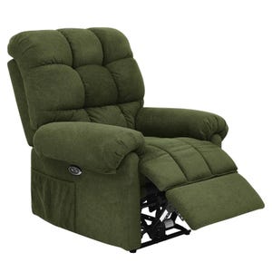 A green, plush, overstuffed power recliner with a padded back, seat, and armrests featuring a side pocket and a footrest extended.