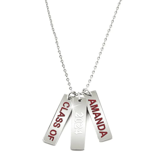 A silver necklace features three rectangular pendants inscribed with \“CLASS OF,\“ \“2024,\“ and \“AMANDA\“ in red lettering.