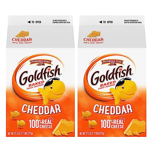 Two packages of Pepperidge Farm Goldfish Baked Snack Crackers in Cheddar flavor, both are 27 ounces and feature the brand's goldfish mascot.