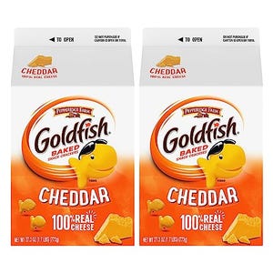 Two packages of Pepperidge Farm Goldfish Baked Snack Crackers in Cheddar flavor, both are 27 ounces and feature the brand's goldfish mascot.