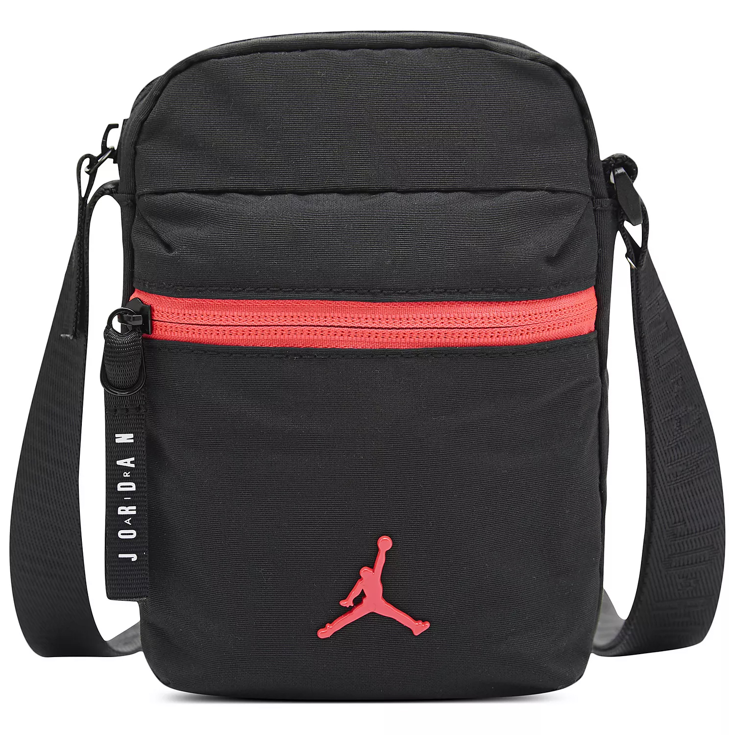Black crossbody bag with a red zipper and logo, featuring the word \“Jordan\“ on the side strap.