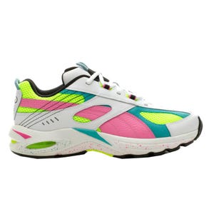 Puma Cell Speed Sneakers feature a vibrant design with neon green, pink, and blue accents on a white base. They have black and white soles with visible Cell cushioning for comfort and a retro aesthetic.