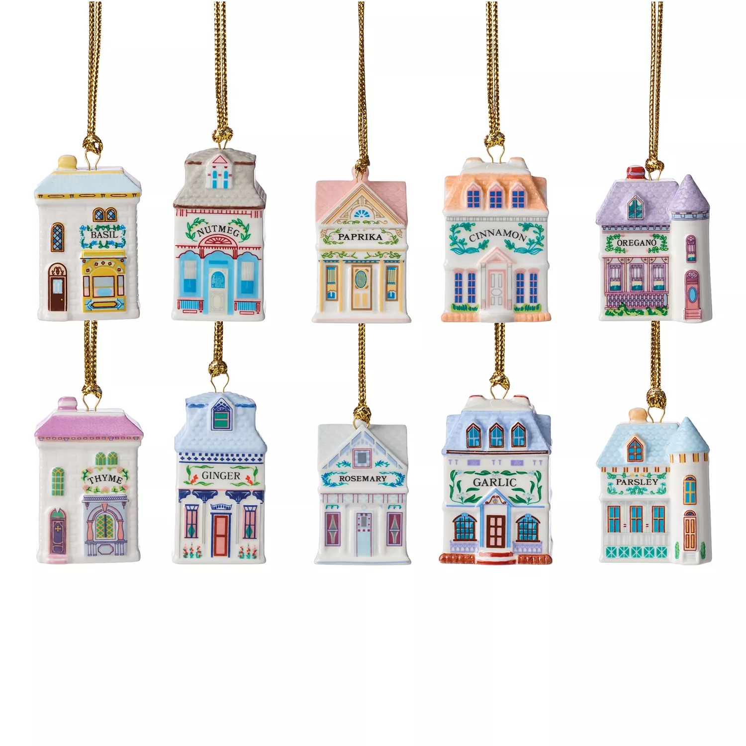 Hanging ceramic ornaments shaped like small, colorful shops, each labeled with a different herb or spice name: basil, nutmeg, paprika, cinnamon, oregano, thyme, ginger, rosemary, garlic, and parsley.