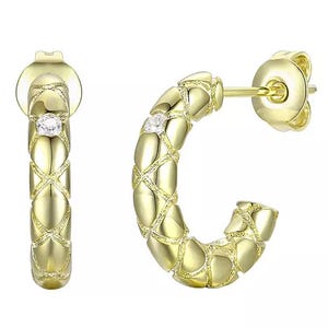Yellow gold-tone hoop earrings with a quilted design and small, round crystal accents, featuring a post back closure.