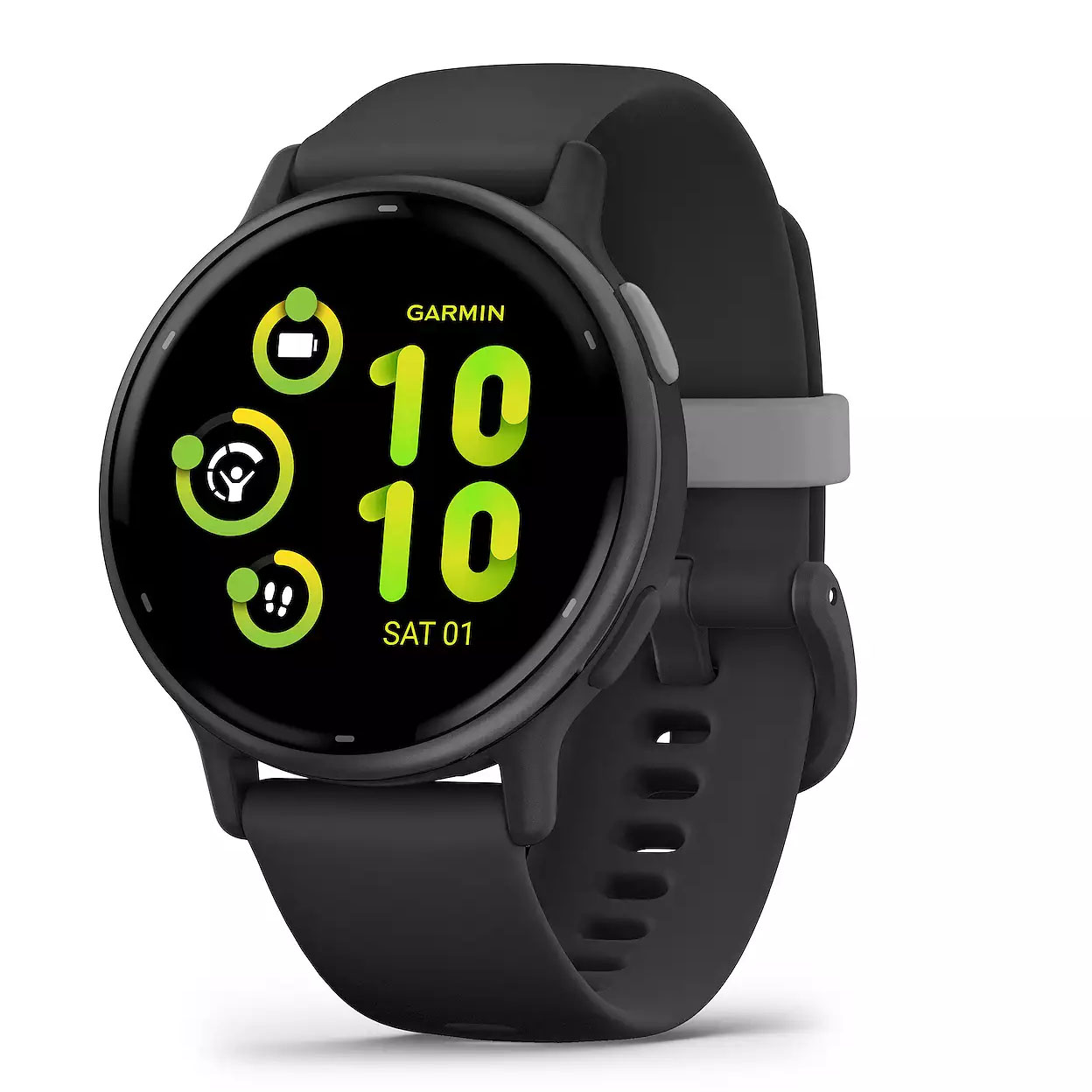 The Garmin Vivoactive 5 Smartwatch features a round, black case with a vibrant digital display showing the time, date, and select icons for various functions, all on a black silicone strap.