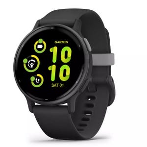 The Garmin Vivoactive 5 Smartwatch features a round, black case with a vibrant digital display showing the time, date, and select icons for various functions, all on a black silicone strap.