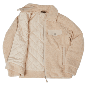 The 32 Degrees Teddy Sherpa Jacket is a beige, plush sherpa jacket with a quilted inner lining. It features a snap-button chest pocket, side pockets, and a front zip closure, providing warmth and comfort.