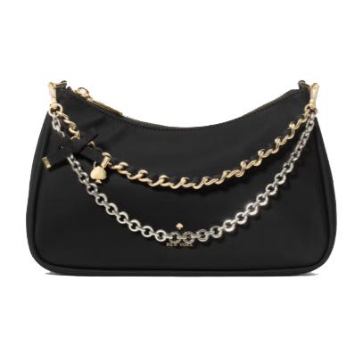 A black handbag featuring dual metallic chains, one in gold and another in silver, with a small lock charm and bow detail near the zipper closure.
