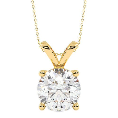 A gold chain necklace featuring a solitaire round-cut diamond set in a four-prong setting.