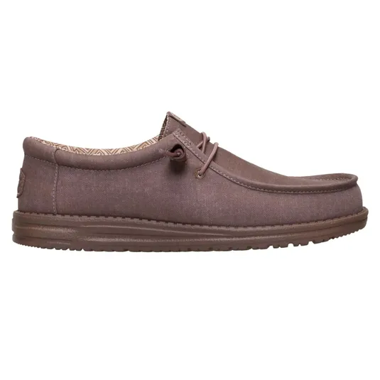 A brown casual slip-on shoe with moccasin-style stitching, featuring a textured sole and a simple lace design.