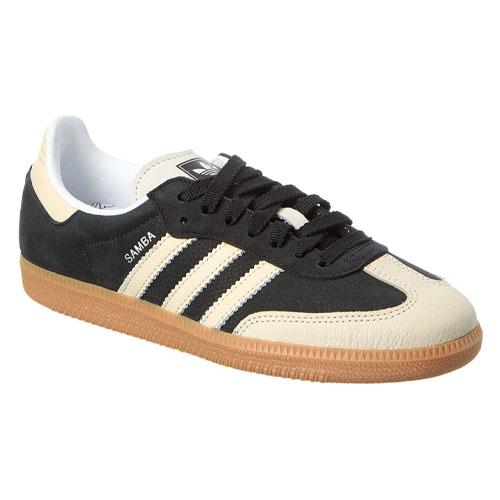 Adidas Samba sneaker with a black and cream leather upper, featuring white stripes and a gum sole.