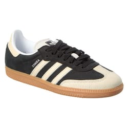 Adidas Samba sneaker with a black and cream leather upper, featuring white stripes and a gum sole.