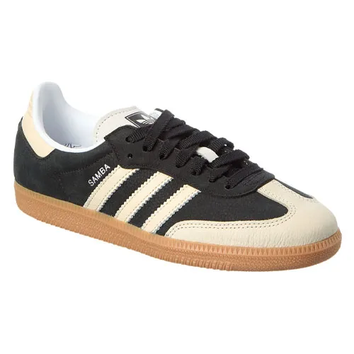 Adidas Samba sneaker with a black and cream leather upper, featuring white stripes and a gum sole.