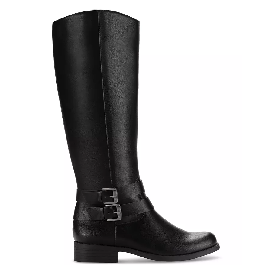 Black knee-high boot with two buckle straps around the ankle, featuring a low heel.
