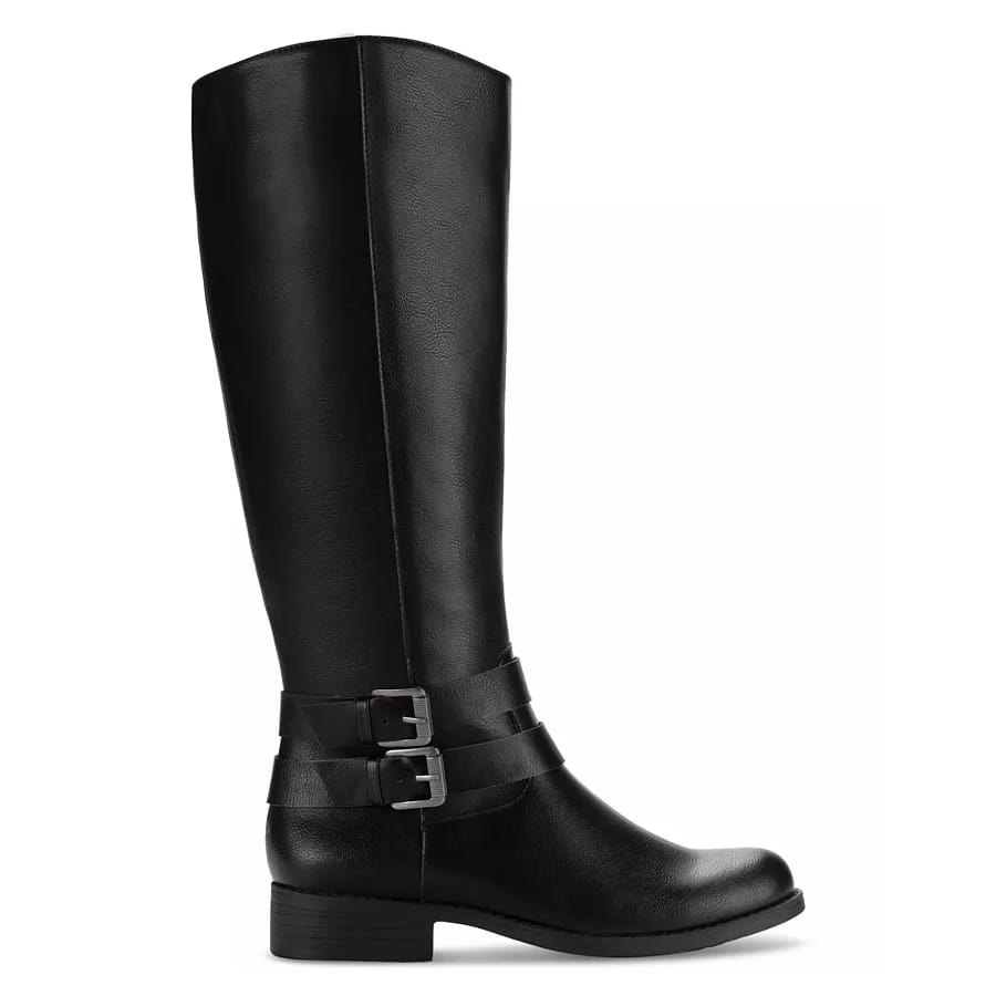 Black knee-high boot with two buckle straps around the ankle, featuring a low heel.