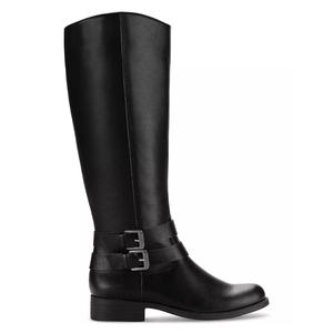 Black knee-high boot with two buckle straps around the ankle, featuring a low heel.