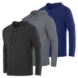 Three long-sleeve hooded shirts in black, gray, and blue, each featuring a drawstring hood and a front pocket.