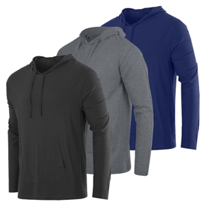 Three long-sleeve hooded shirts in black, gray, and blue, each featuring a drawstring hood and a front pocket.