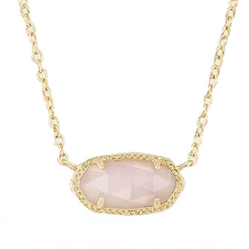 A gold chain necklace featuring an oval-shaped pink stone set in a textured gold bezel.