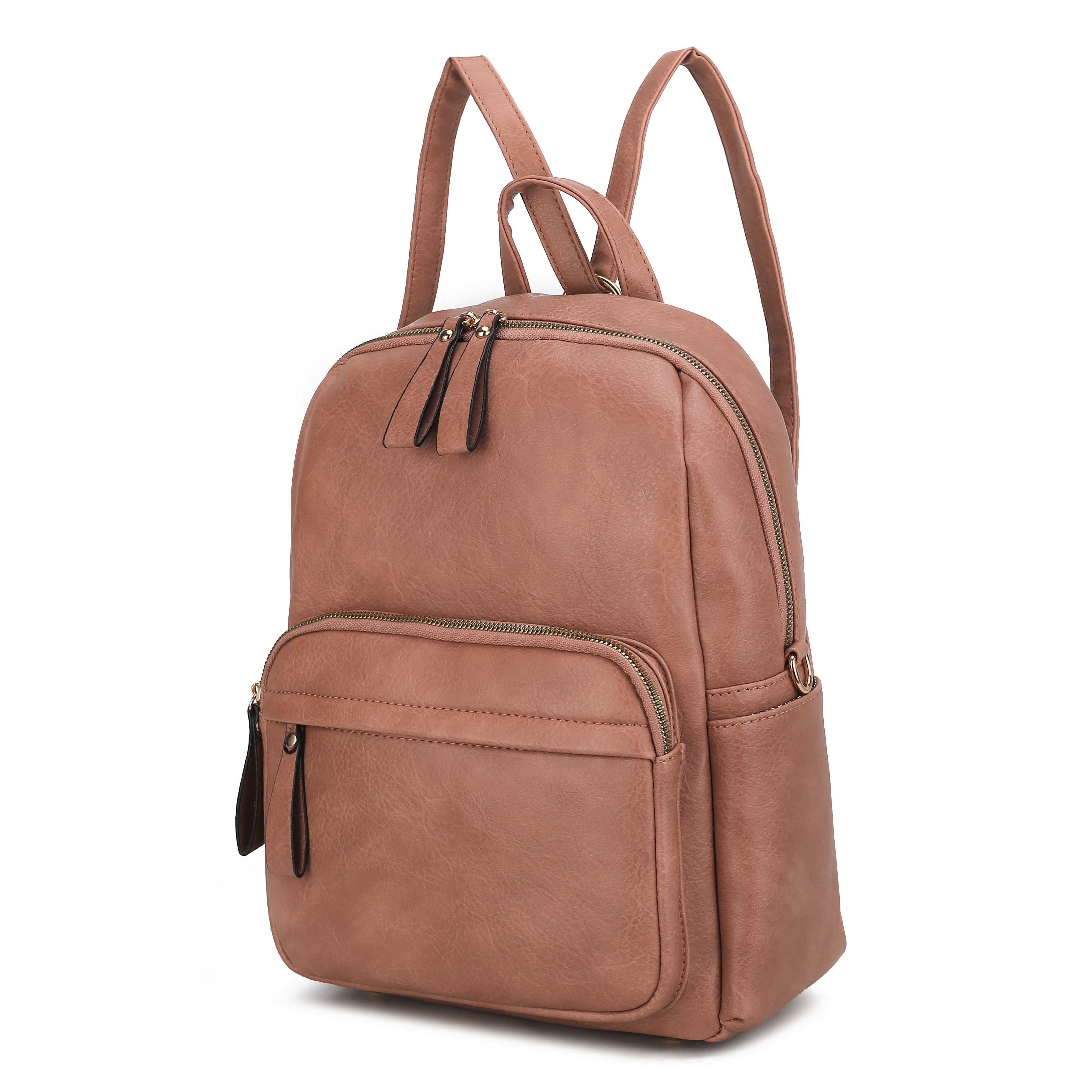 A brown faux leather backpack with two main compartments and multiple zippers, featuring adjustable shoulder straps and a simple, minimalist design.