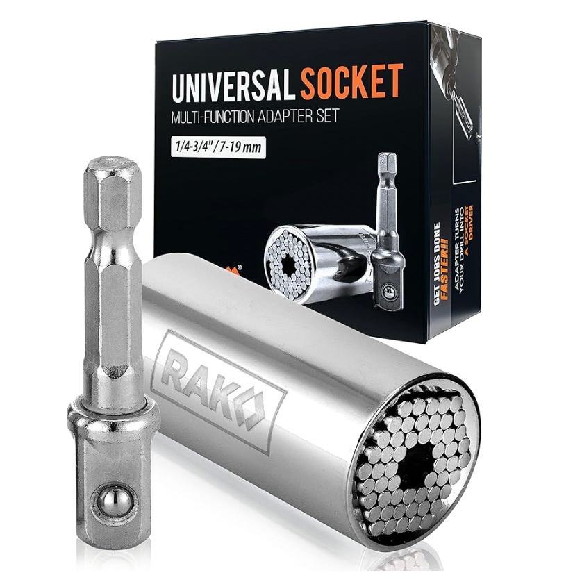 RAK Universal Socket Tool is a multi-function adapter set suitable for sizes 1/4 to 3/4 inches (7-19 mm), featuring a self-adjusting pin design to fit various fasteners.