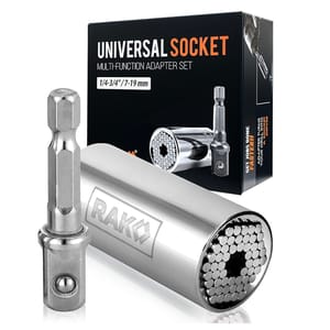 RAK Universal Socket Tool is a multi-function adapter set suitable for sizes 1/4 to 3/4 inches (7-19 mm), featuring a self-adjusting pin design to fit various fasteners.