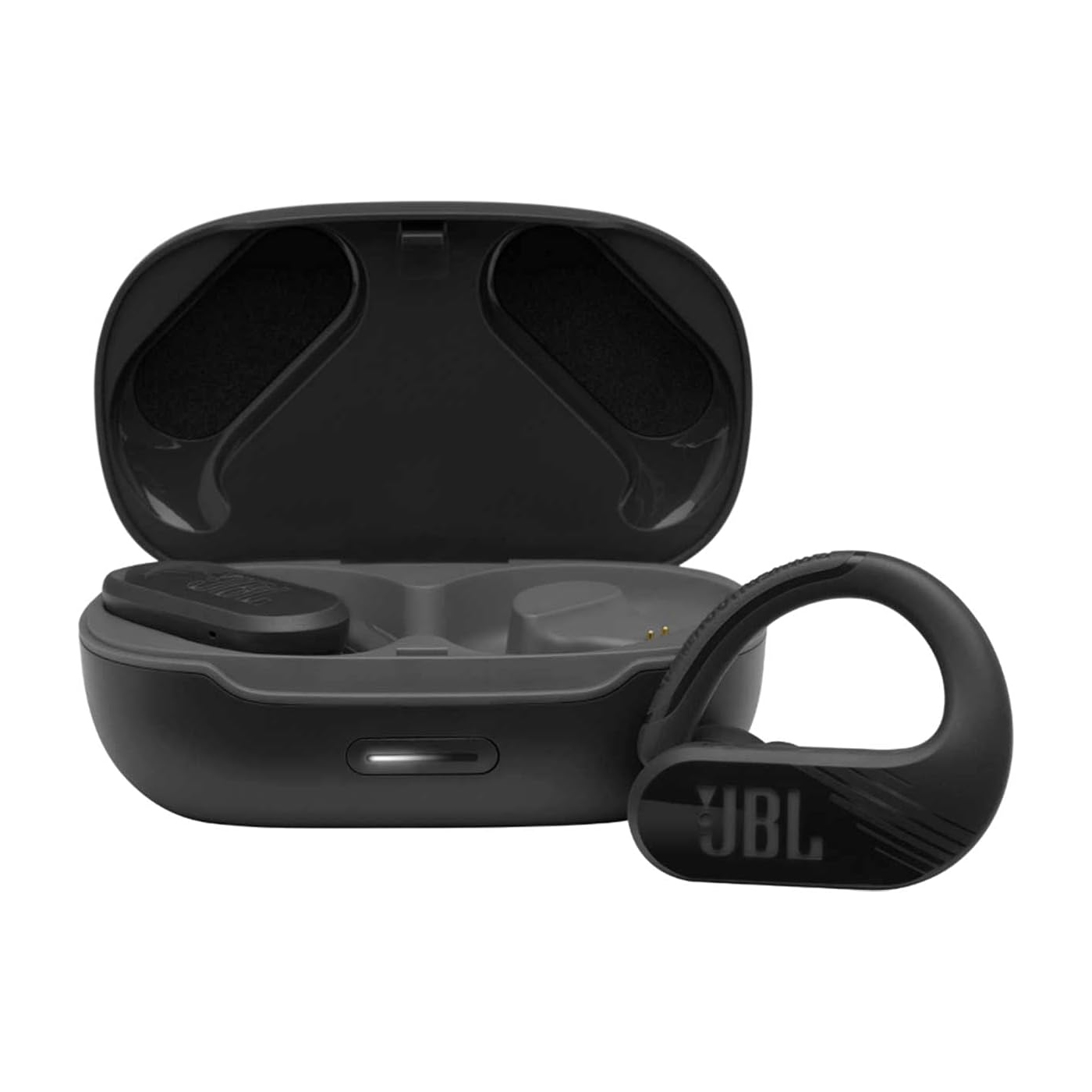 JBL Endurance Peak II earbuds feature a black, ergonomic design with secure ear hooks for a comfortable fit. They come with a compact charging case, perfect for sports and workouts.