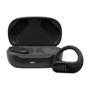 JBL Endurance Peak II earbuds feature a black, ergonomic design with secure ear hooks for a comfortable fit. They come with a compact charging case, perfect for sports and workouts.