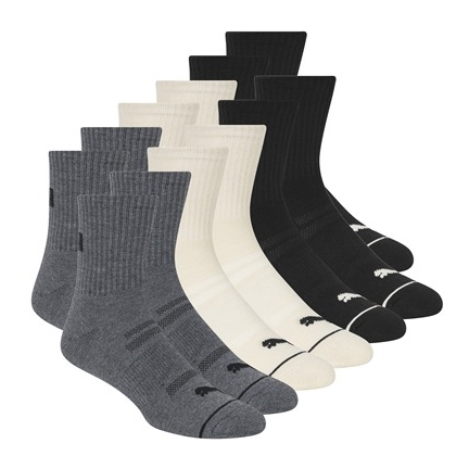 A collection of eight pairs of socks in gray, beige, and black, displayed in a staggered formation, featuring ribbed cuffs and a small logo near the toes.