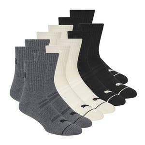 A collection of eight pairs of socks in gray, beige, and black, displayed in a staggered formation, featuring ribbed cuffs and a small logo near the toes.