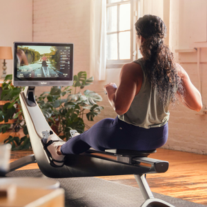 A person is using a rowing machine with a screen displaying a virtual rowing experience.