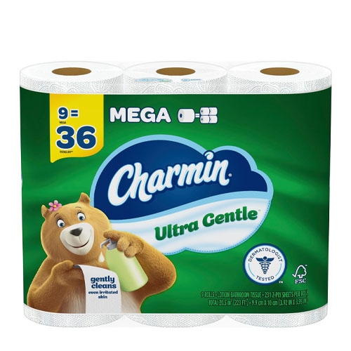Charmin Ultra Gentle toilet paper, featuring a bear mascot and dermatologist-tested, offers 9 Mega Rolls equating to 36 regular rolls.