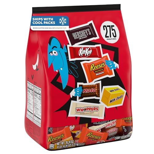 A large red bag labeled \“275 pieces\“ contains assorted Hershey's candy, including Kit Kat, Reese's, Rolo, Whoppers, and Milk Duds.