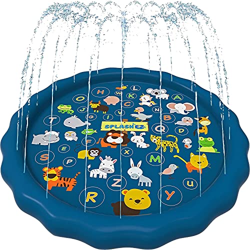 Blue inflatable splash pad with animal and alphabet graphics, surrounded by water jets spraying from its edge.
