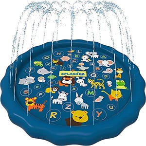 Blue inflatable splash pad with animal and alphabet graphics, surrounded by water jets spraying from its edge.