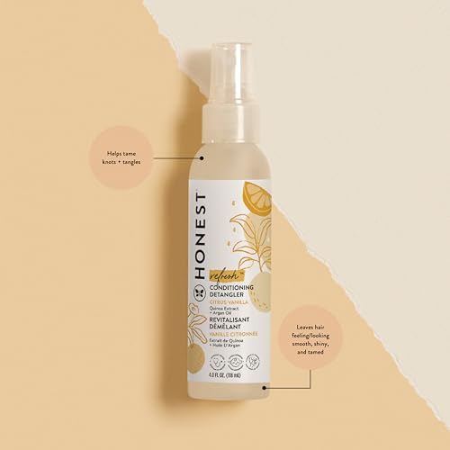 Honest Co. Conditioning Detangler in a spray bottle with yellow and green botanical illustrations, designed to smooth and tame hair.