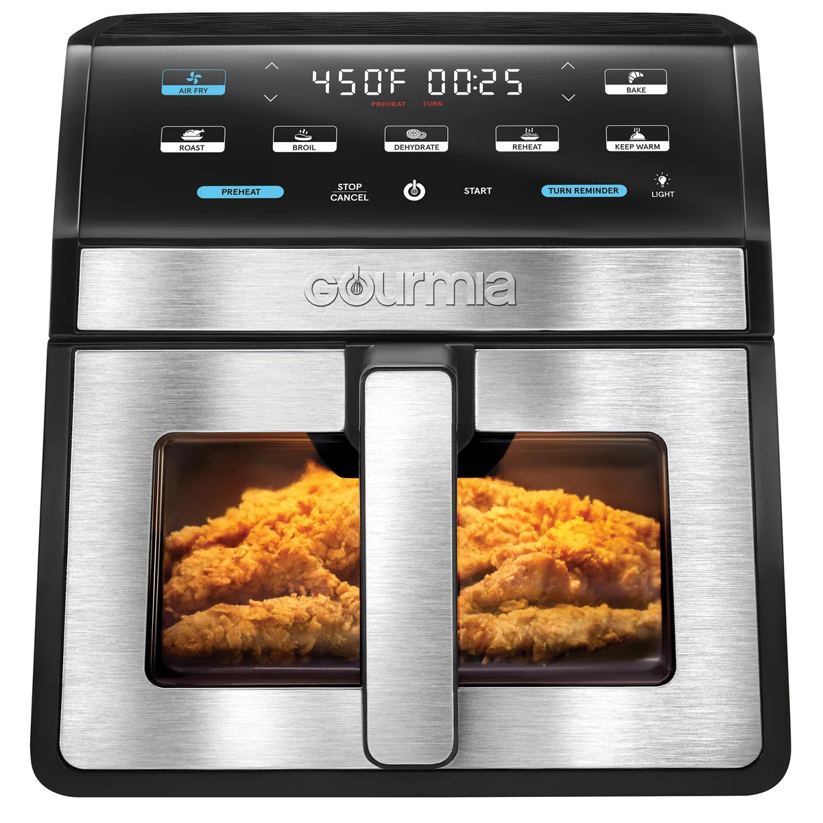 Gourmia 8-Qt. Digital Air Fryer with a sleek design features a digital display, multiple cooking functions like air fry, roast, broil, bake, dehydrate, and reheat, and a large viewing window.