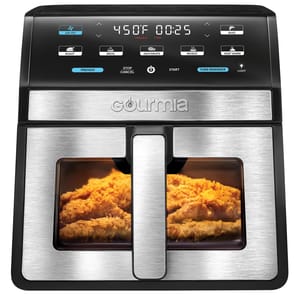 Gourmia 8-Qt. Digital Air Fryer with a sleek design features a digital display, multiple cooking functions like air fry, roast, broil, bake, dehydrate, and reheat, and a large viewing window.